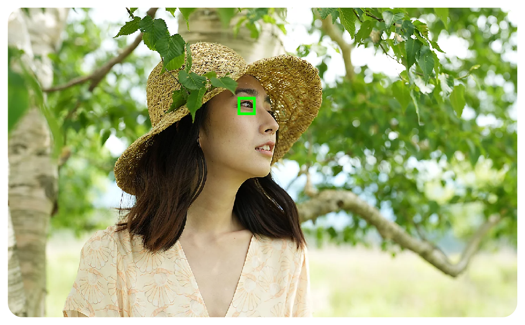 Sony A7 IV sample image of female model wearing light yellow dress and straw flat brimmed hat with green autofocus bracket